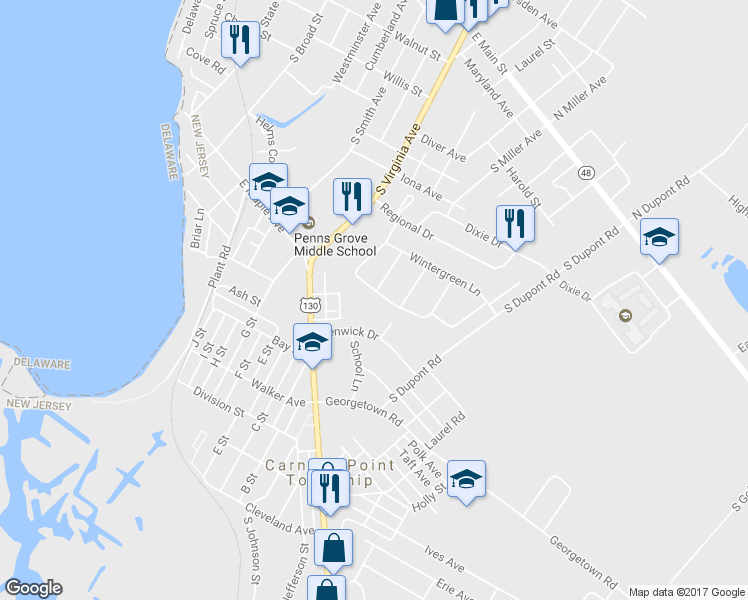 map of restaurants, bars, coffee shops, grocery stores, and more near 234 Applewood Lane in Carneys Point Township