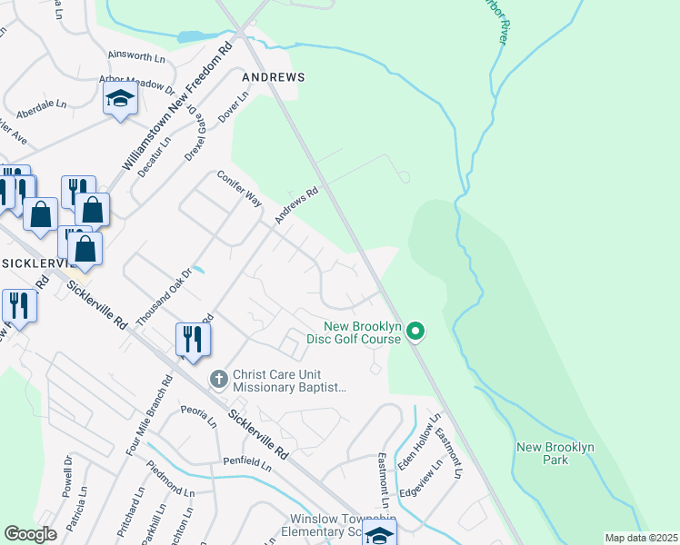map of restaurants, bars, coffee shops, grocery stores, and more near 26 Locust Court in Winslow Township