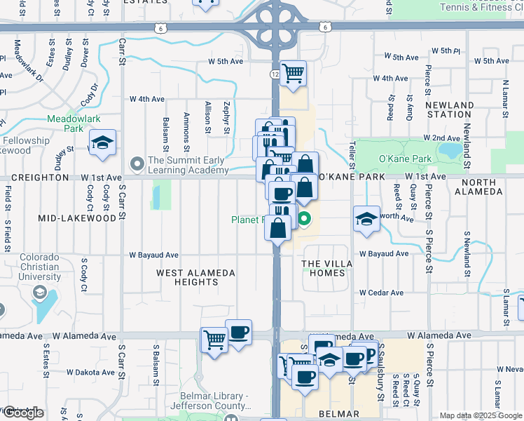 map of restaurants, bars, coffee shops, grocery stores, and more near 10 Yukon Street in Lakewood