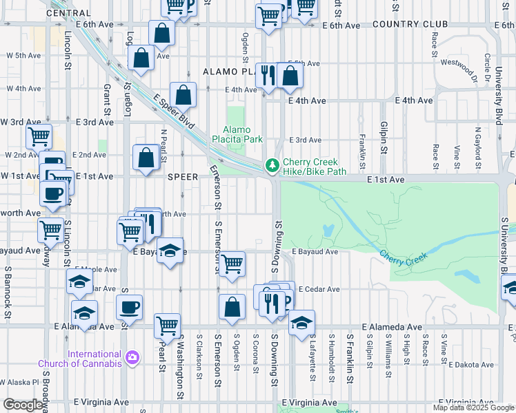 map of restaurants, bars, coffee shops, grocery stores, and more near 28 Corona Street in Denver