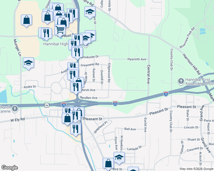 map of restaurants, bars, coffee shops, grocery stores, and more near 4007 Edgewood Road in Hannibal
