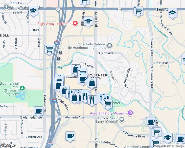 map of restaurants, bars, coffee shops, grocery stores, and more near 15 South Sable Boulevard in Aurora