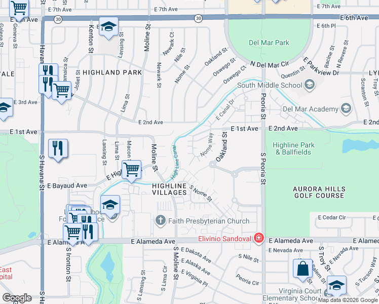 map of restaurants, bars, coffee shops, grocery stores, and more near 62 Newark Street in Aurora