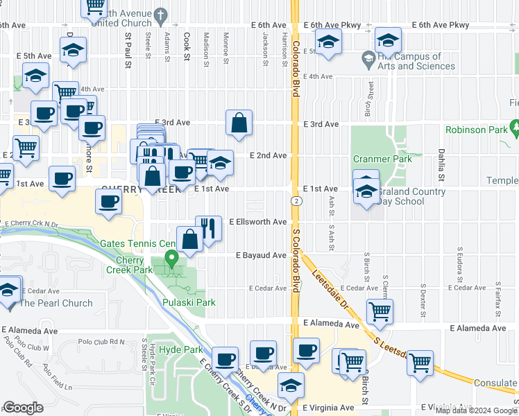map of restaurants, bars, coffee shops, grocery stores, and more near 3740 East 1st Avenue in Denver