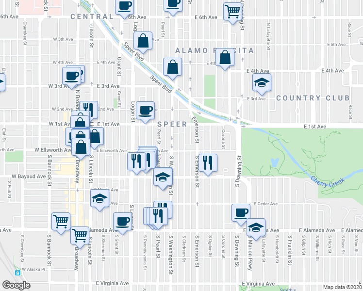 map of restaurants, bars, coffee shops, grocery stores, and more near 18 North Washington Street in Denver
