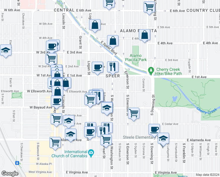 map of restaurants, bars, coffee shops, grocery stores, and more near 18 North Washington Street in Denver