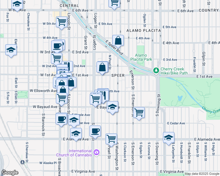 map of restaurants, bars, coffee shops, grocery stores, and more near 17 Pearl Street in Denver