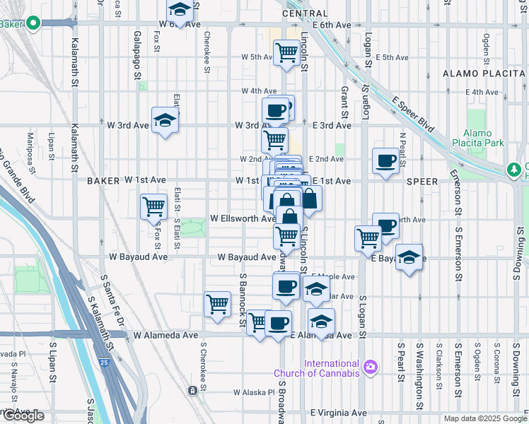 map of restaurants, bars, coffee shops, grocery stores, and more near in Denver