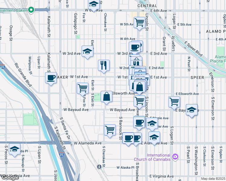 map of restaurants, bars, coffee shops, grocery stores, and more near 17 Bannock Street in Denver