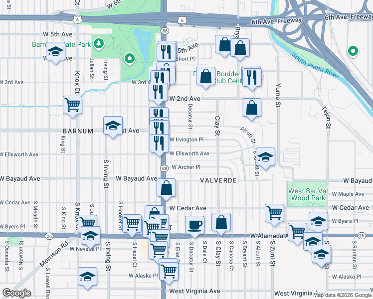 map of restaurants, bars, coffee shops, grocery stores, and more near 2795 West Ellsworth Avenue in Denver
