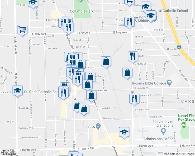 map of restaurants, bars, coffee shops, grocery stores, and more near 739 South Werges Avenue in Indianapolis