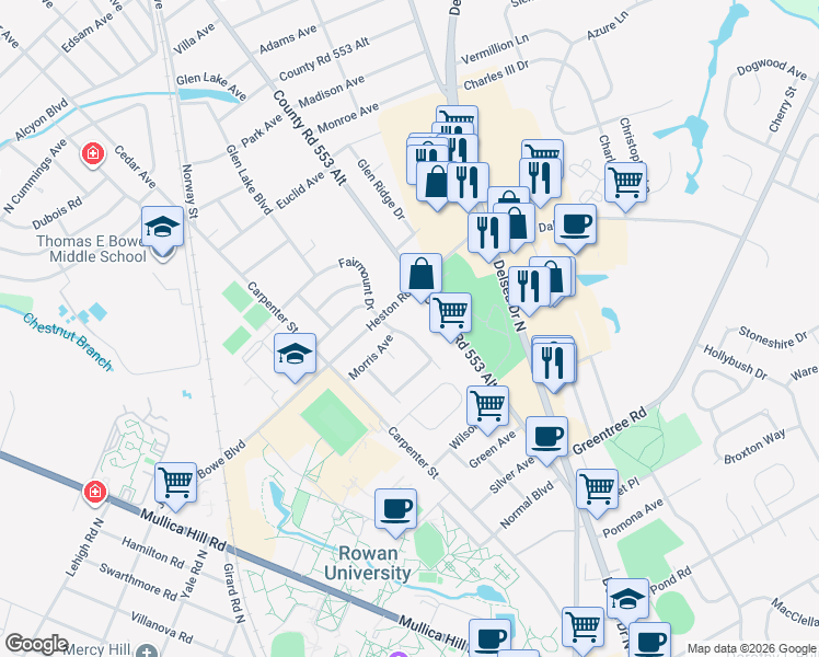 map of restaurants, bars, coffee shops, grocery stores, and more near 733 North Main Street in Glassboro