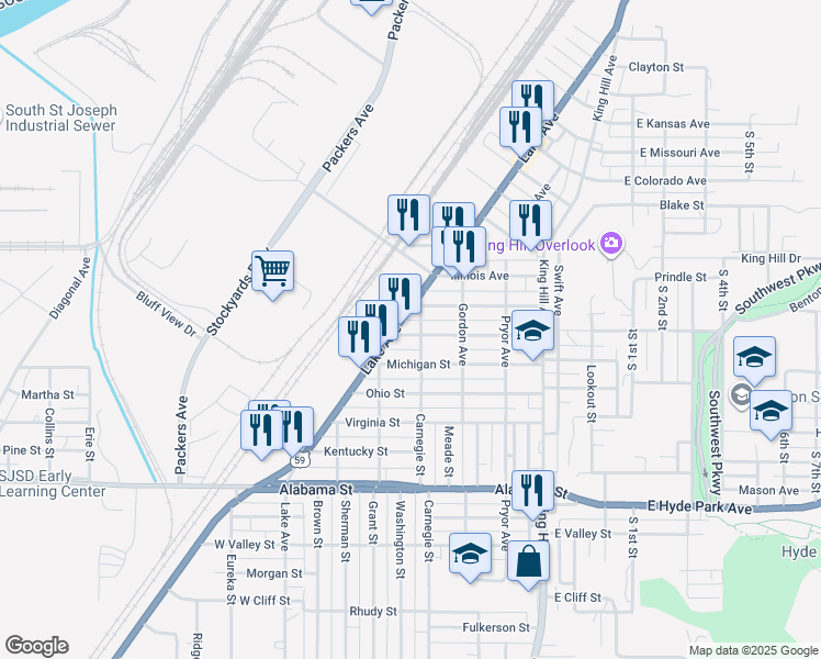 map of restaurants, bars, coffee shops, grocery stores, and more near 405 Massachusetts Street in Saint Joseph