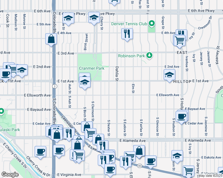 map of restaurants, bars, coffee shops, grocery stores, and more near 44 Dexter Street in Denver