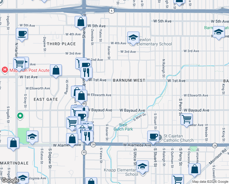 map of restaurants, bars, coffee shops, grocery stores, and more near 12 Xavier Street in Denver