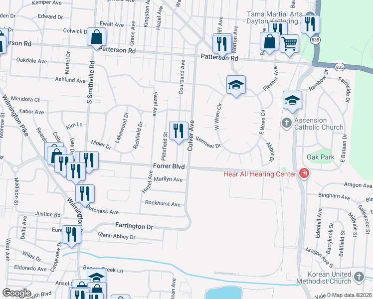 map of restaurants, bars, coffee shops, grocery stores, and more near 2129 Culver Avenue in Dayton