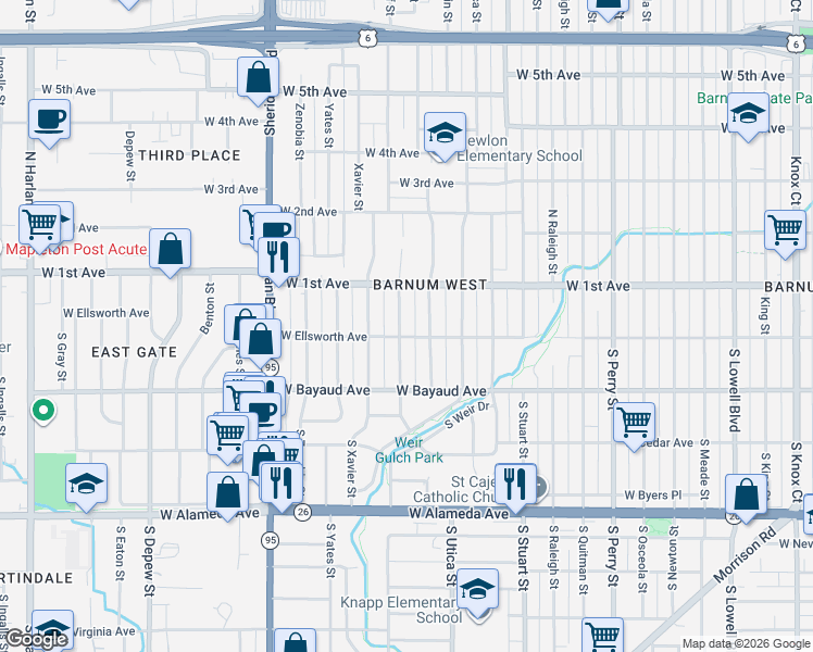 map of restaurants, bars, coffee shops, grocery stores, and more near 10 Wolff Street in Denver