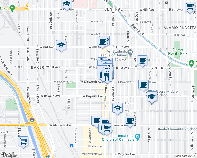 map of restaurants, bars, coffee shops, grocery stores, and more near in Denver