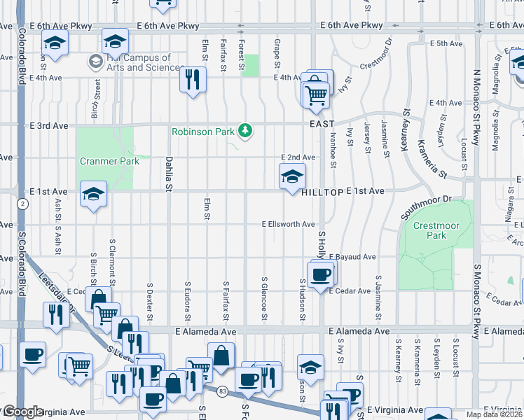 map of restaurants, bars, coffee shops, grocery stores, and more near 51 Grape Street in Denver