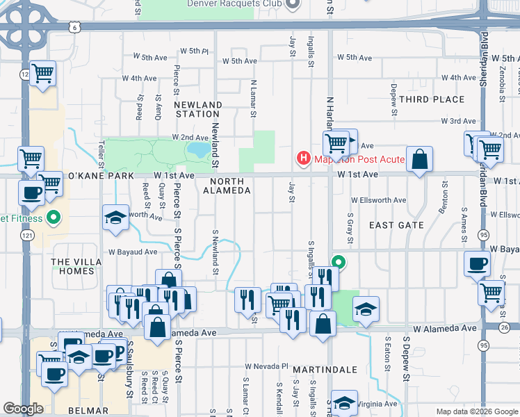 map of restaurants, bars, coffee shops, grocery stores, and more near 15 North Lamar Street in Lakewood
