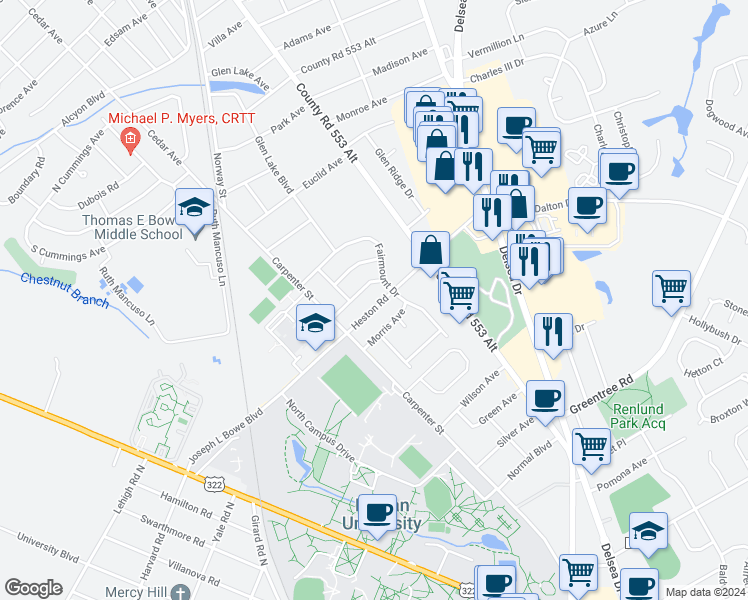 map of restaurants, bars, coffee shops, grocery stores, and more near 613 Heston Road in Glassboro