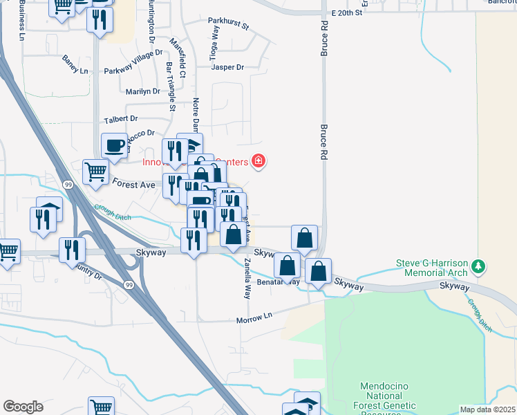 map of restaurants, bars, coffee shops, grocery stores, and more near 2627 Forest Avenue in Chico