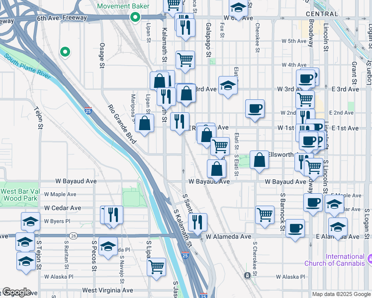 map of restaurants, bars, coffee shops, grocery stores, and more near 2 South Santa Fe Drive in Denver