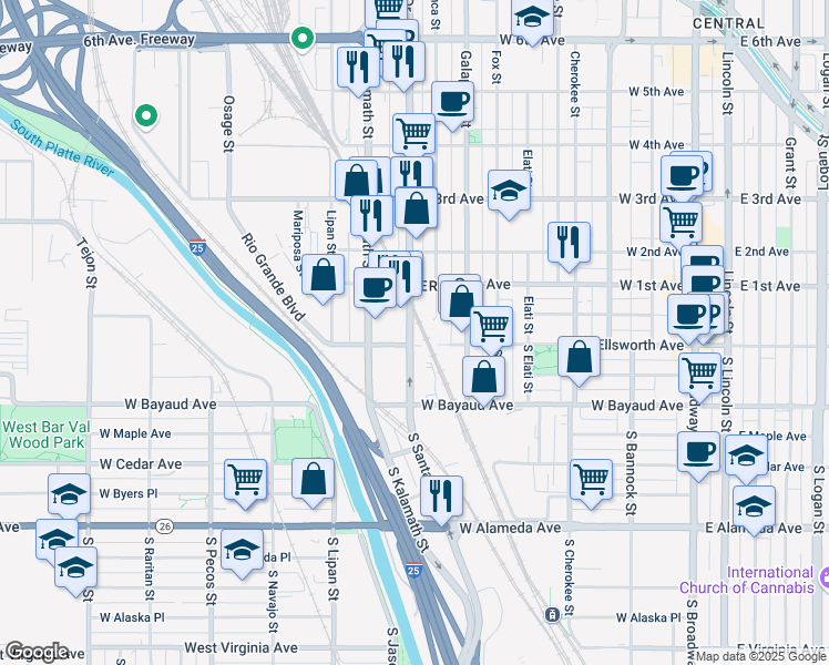 map of restaurants, bars, coffee shops, grocery stores, and more near 2 South Santa Fe Drive in Denver
