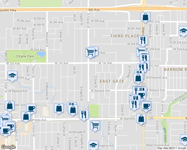 map of restaurants, bars, coffee shops, grocery stores, and more near 13 South Gray Street in Lakewood