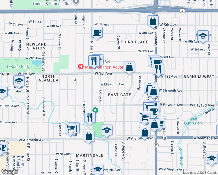 map of restaurants, bars, coffee shops, grocery stores, and more near 21 South Eaton Court in Lakewood