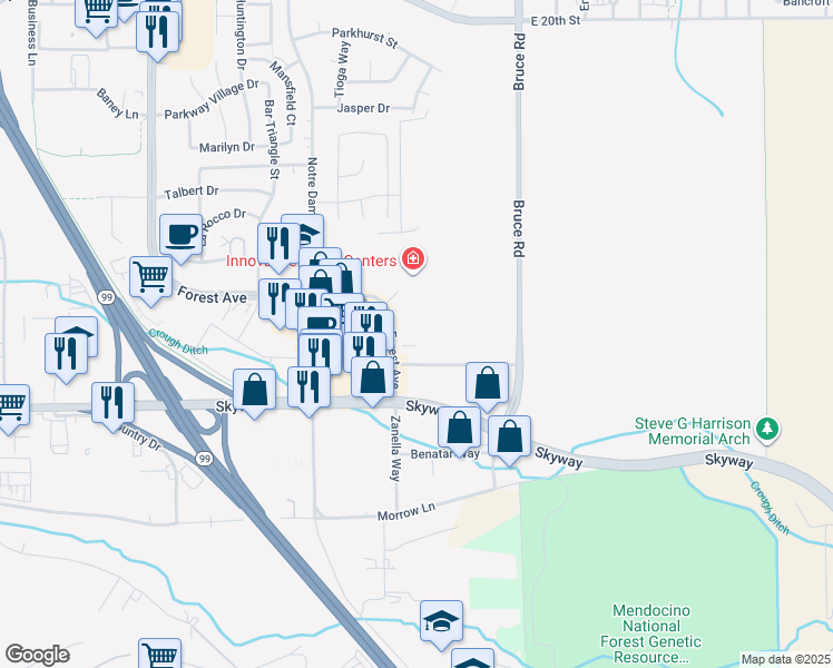 map of restaurants, bars, coffee shops, grocery stores, and more near 2627 Forest Avenue in Chico