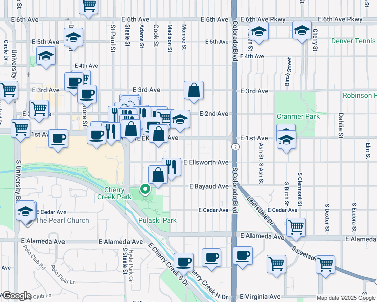 map of restaurants, bars, coffee shops, grocery stores, and more near 38 Monroe Street in Denver