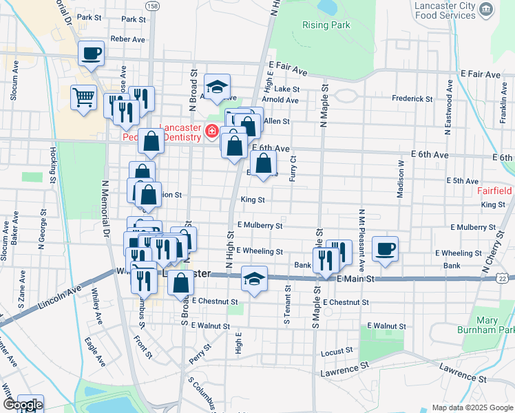 map of restaurants, bars, coffee shops, grocery stores, and more near 230 King Street in Lancaster