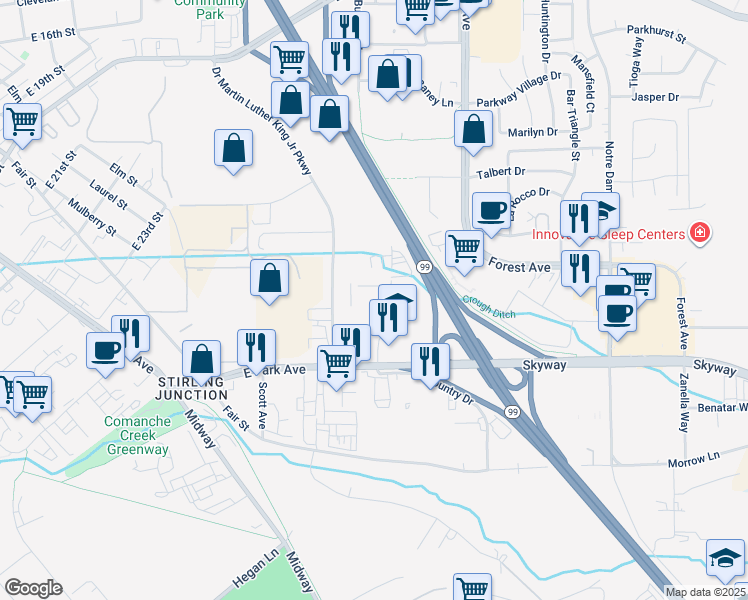 map of restaurants, bars, coffee shops, grocery stores, and more near 2475 Doctor Martin Luther King Junior Parkway in Chico