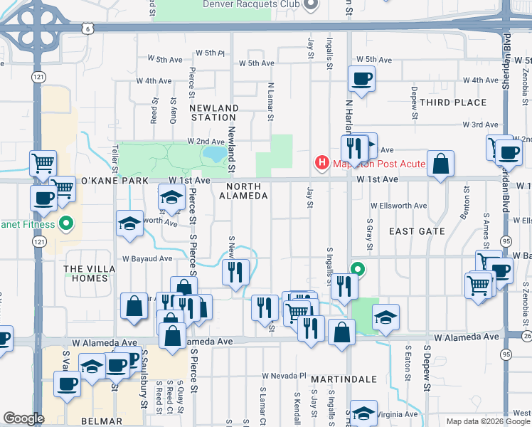 map of restaurants, bars, coffee shops, grocery stores, and more near 15 North Lamar Street in Lakewood