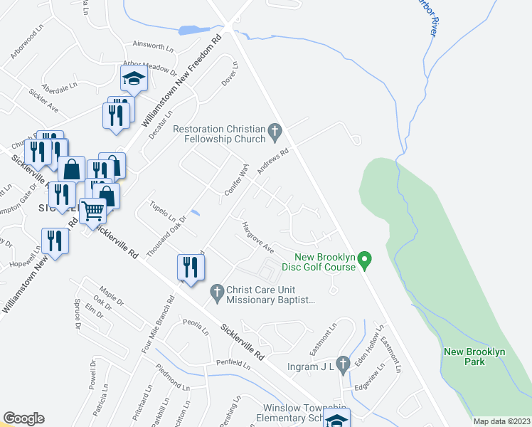 map of restaurants, bars, coffee shops, grocery stores, and more near 10 Lennox Court in Winslow Township
