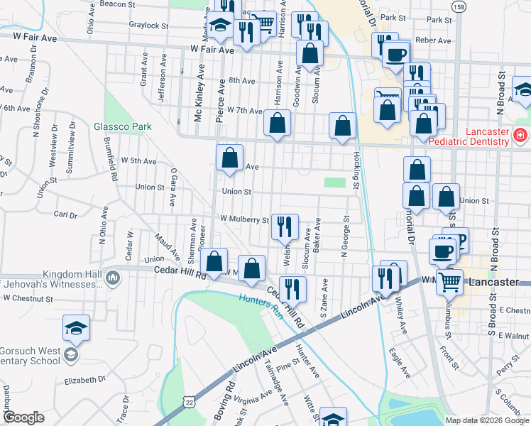 map of restaurants, bars, coffee shops, grocery stores, and more near 311 Harrison Ave in Lancaster