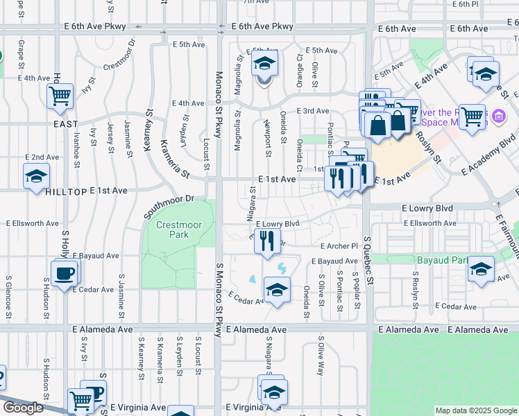 map of restaurants, bars, coffee shops, grocery stores, and more near 41 Newport Street in Denver