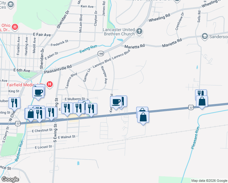map of restaurants, bars, coffee shops, grocery stores, and more near 250 Kanawha Road in Lancaster