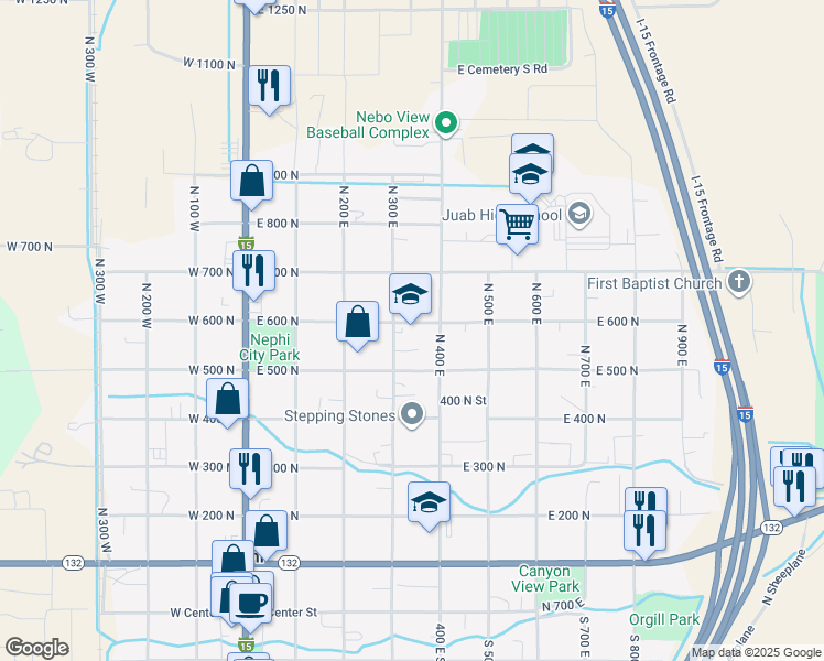 map of restaurants, bars, coffee shops, grocery stores, and more near 346 East 600 North in Nephi