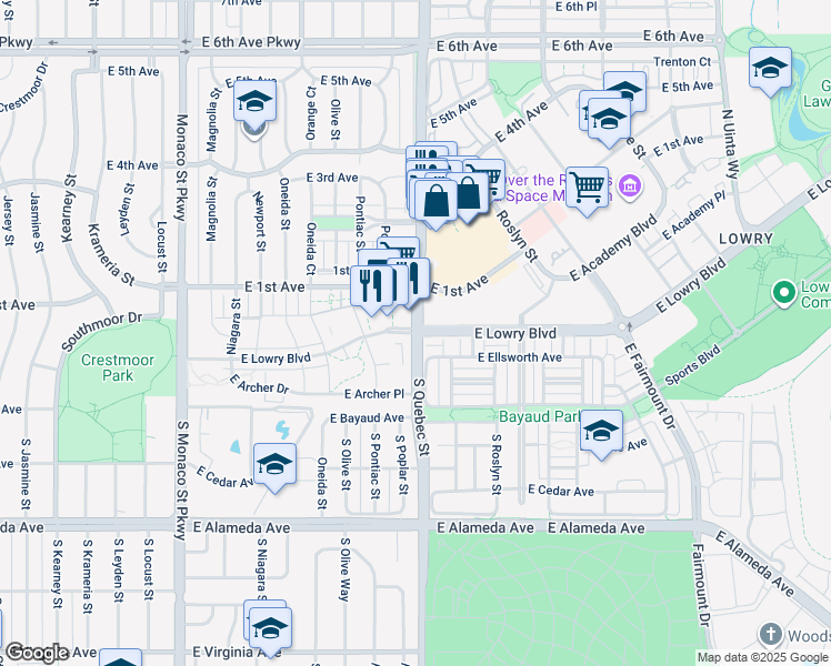map of restaurants, bars, coffee shops, grocery stores, and more near 6598 East Lowry Boulevard in Denver
