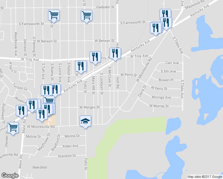map of restaurants, bars, coffee shops, grocery stores, and more near 3157 South McClure Street in Indianapolis