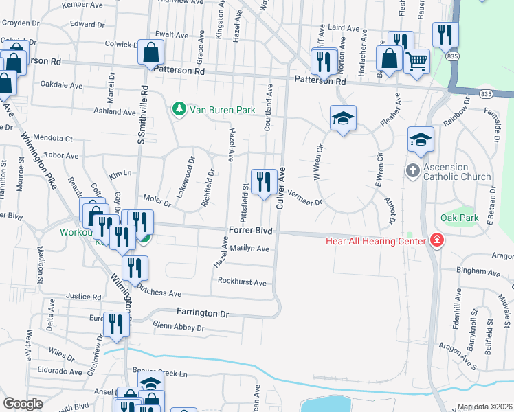 map of restaurants, bars, coffee shops, grocery stores, and more near 2125 Courtland Avenue in Dayton