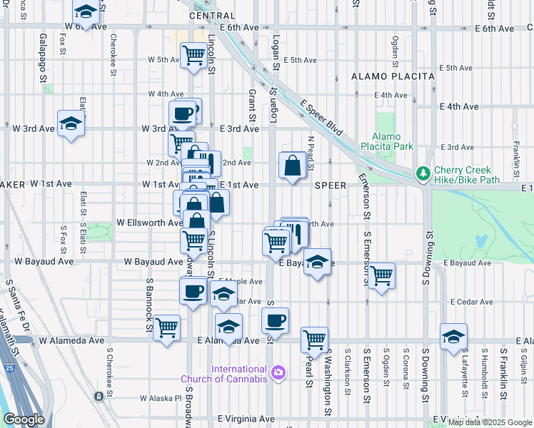map of restaurants, bars, coffee shops, grocery stores, and more near 16t Grant Street in Denver