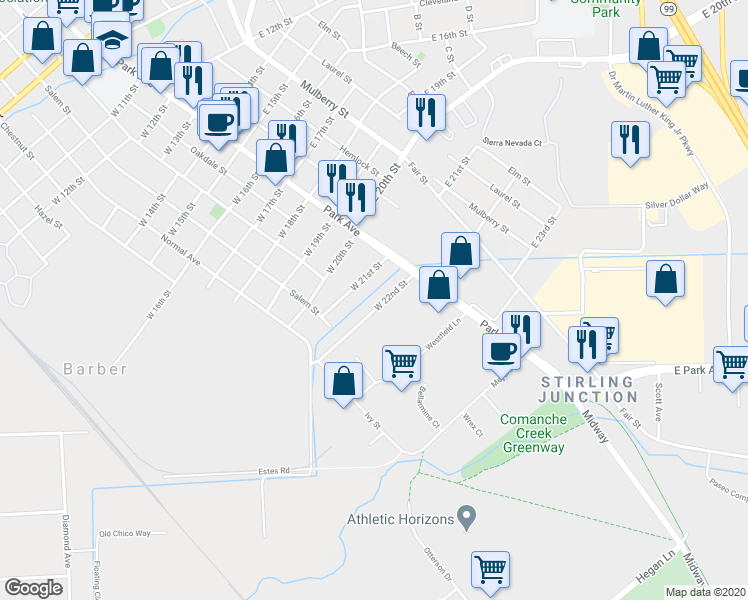 map of restaurants, bars, coffee shops, grocery stores, and more near 130 West 22nd Street in Chico