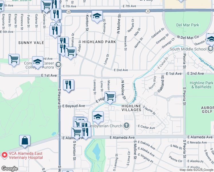 map of restaurants, bars, coffee shops, grocery stores, and more near 53 Macon Street in Aurora