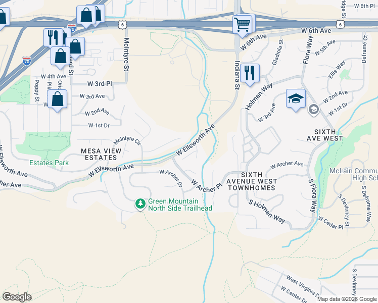 map of restaurants, bars, coffee shops, grocery stores, and more near 15227 West Ellsworth Place in Golden