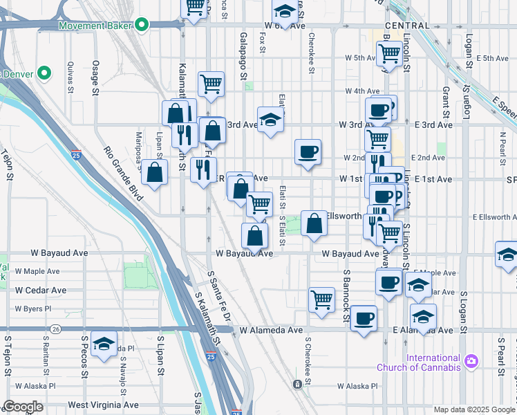 map of restaurants, bars, coffee shops, grocery stores, and more near 17 Fox Street in Denver