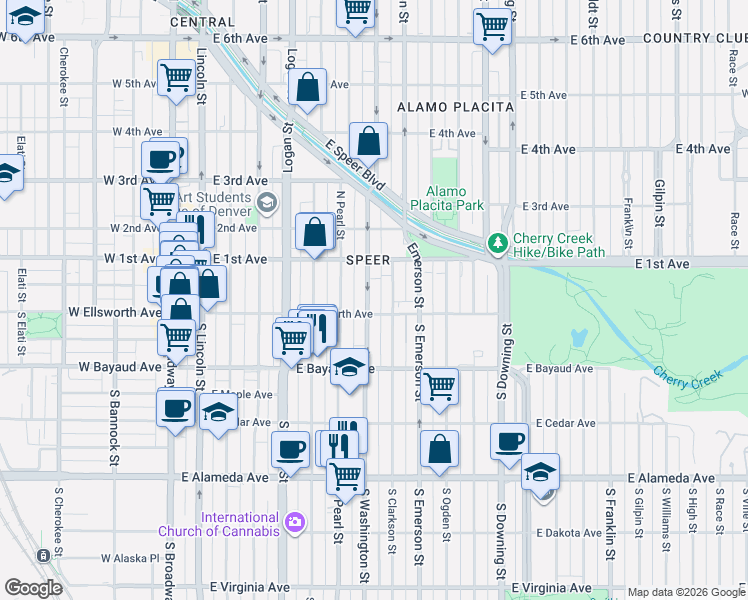 map of restaurants, bars, coffee shops, grocery stores, and more near 18 North Washington Street in Denver
