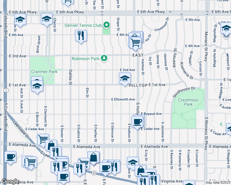 map of restaurants, bars, coffee shops, grocery stores, and more near 51 Grape Street in Denver